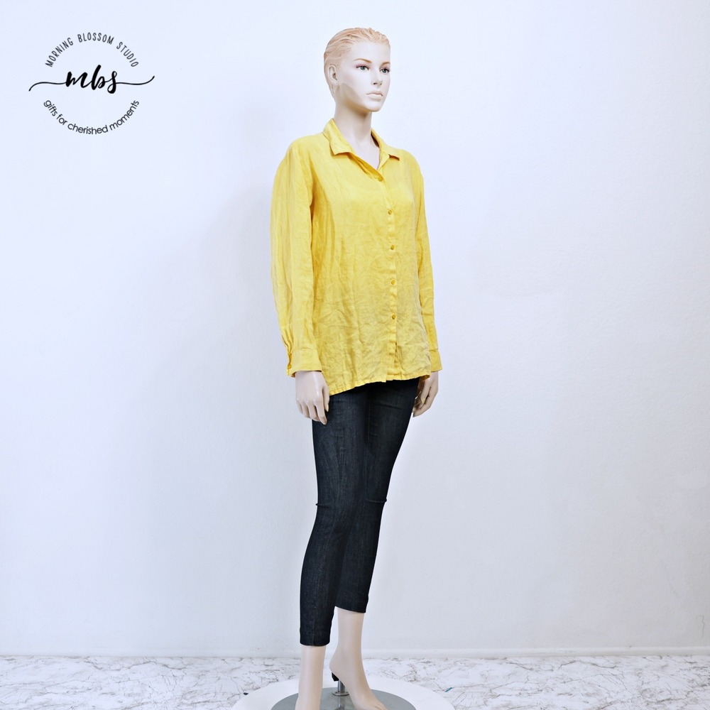 Eileen Fisher Irish Linen Minimalist Button Down Shirt Mustard Yellow Women XL*